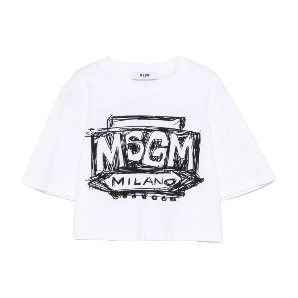 키즈 핸드 드로잉 크롭 반팔 티셔츠 화이트 S6MSJGTH128 001