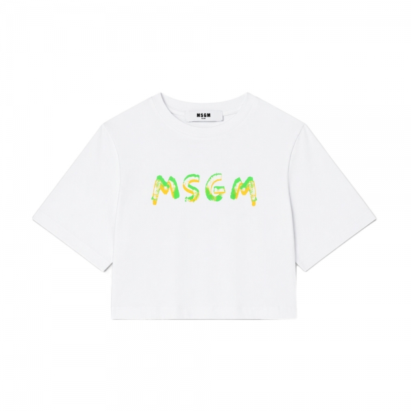 키즈 로고 페인팅 크롭 반팔 티셔츠 화이트 S6MSJGTH002 001