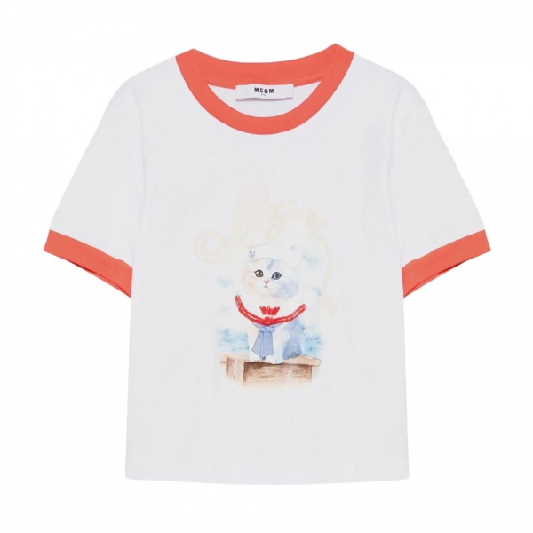 키즈 캣 프린팅 링거 반팔 티셔츠 화이트/레드 S6MSJGTH016 184