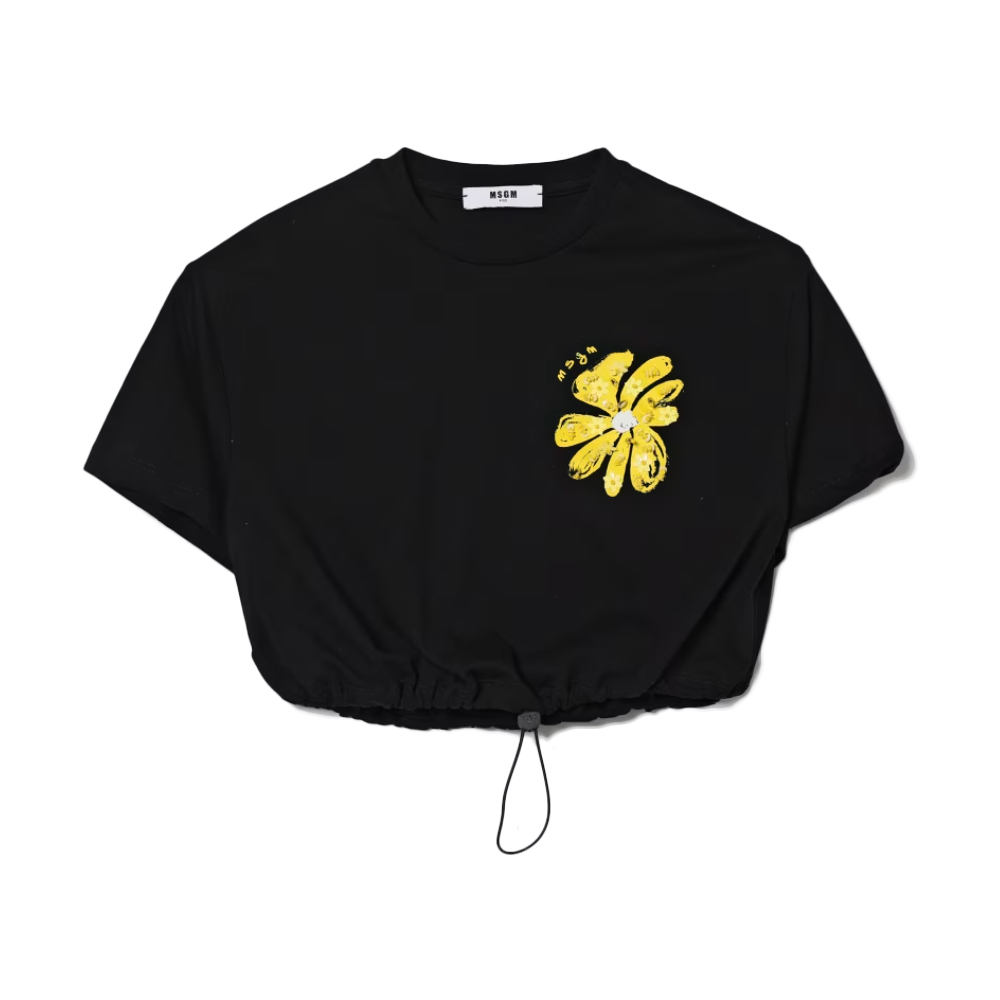 키즈 플라워 자수 박스 크롭 반팔 티셔츠 블랙 S6MSJGTH106 110