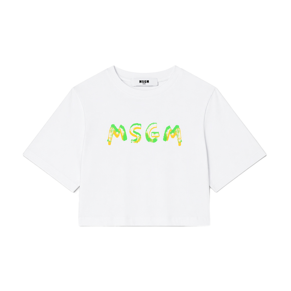 키즈 로고 페인팅 크롭 반팔 티셔츠 화이트 S6MSJGTH002 001