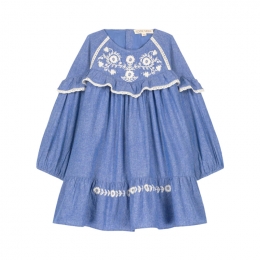 ◆키즈◆키즈 오라나 셔링 원피스 블루 샴브레이 25F_S0027 CHAMB