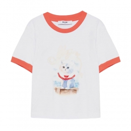 키즈 캣 프린팅 링거 반팔 티셔츠 화이트/레드 S6MSJGTH016 184