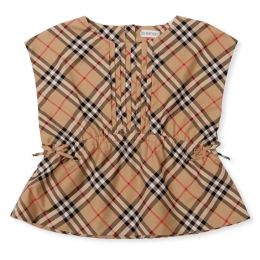 ◆키즈◆24SS 여성 빈티지체크 핀턱 슬리브리스 블라우스 베이지 8082211